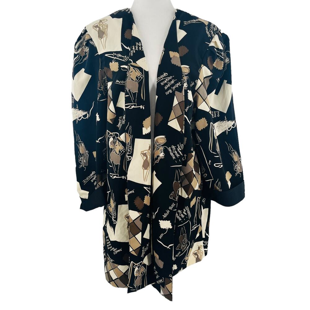 Vintage 80s Kari's Korner Black Tan Mixed Print Long Jacket Blazer Plus 24